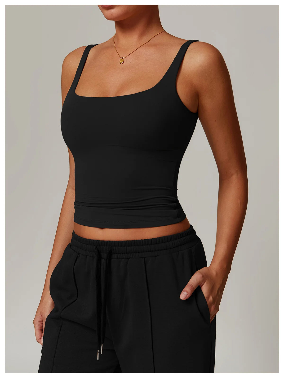 Sports Bra Square Neck Top - Black